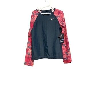 NWT SPEEDO UV Kids Rash Guard Swim Shirt Top Long Sleeve Gray Medium Colorblock